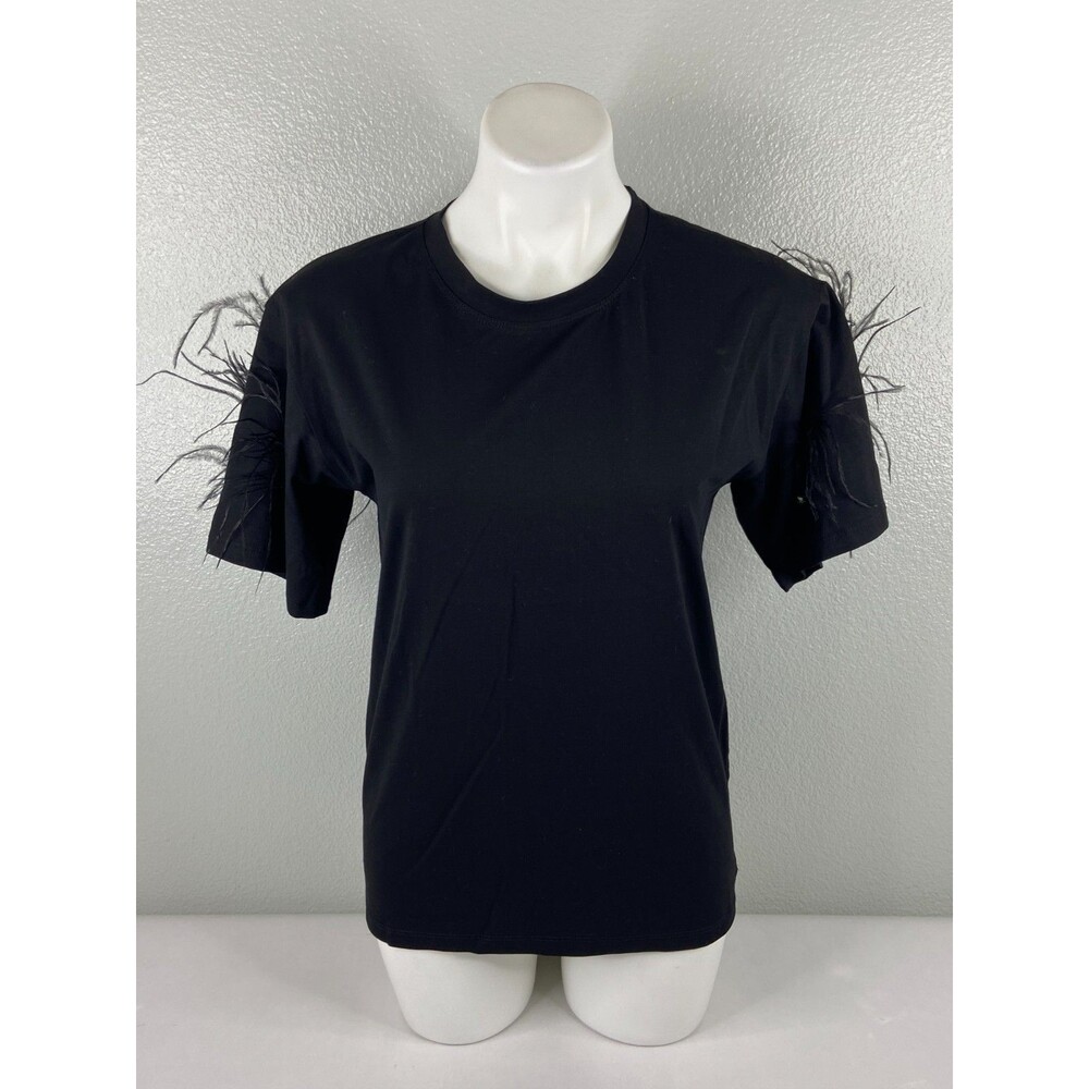 in2you Women Medium Black T Shirt Feather Rhinestone Sleeve Casual